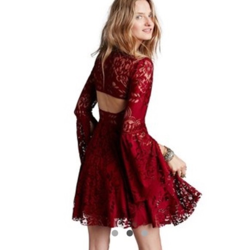 Free People Lovers Folk Song Dress burgundy sheer lace mini size 8 - Picture 2 of 16